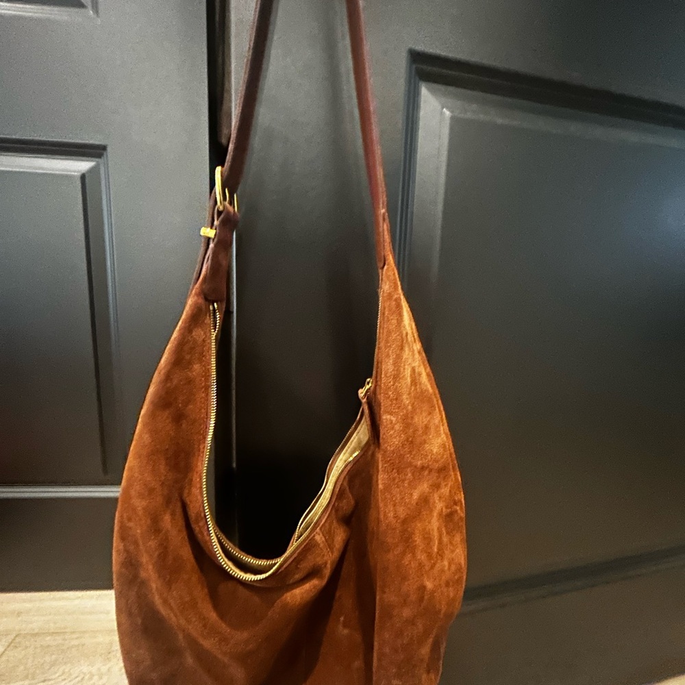 Brown Suede Shoulder Bag - Casual Hobo Style